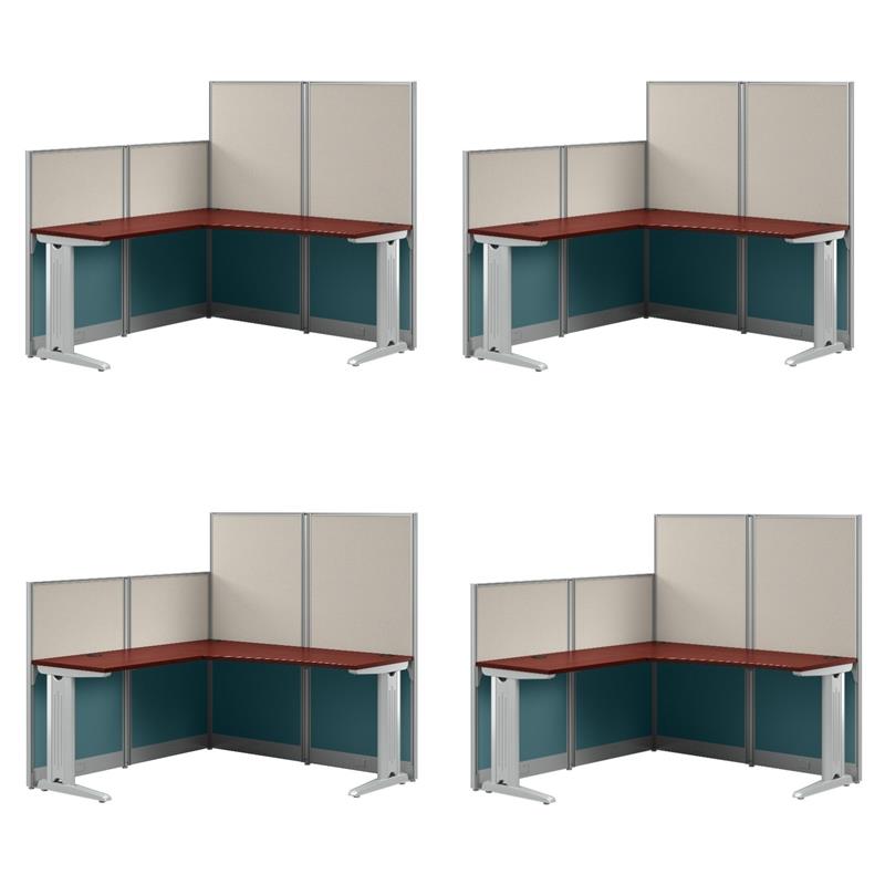 Pemberly Row Set of 4 Engineered Wood 65W L Shaped Cubicle Desk in Hansen Cherry