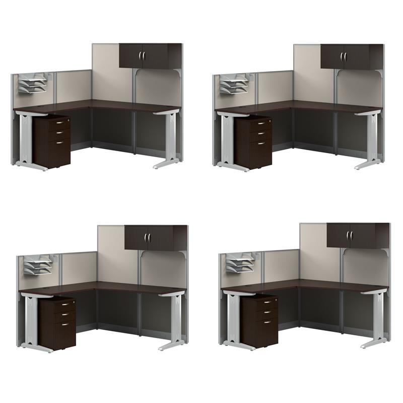 Pemberly Row Set of 4 Engineered Wood L Shaped Cubicle Desk Set in Mocha Cherry