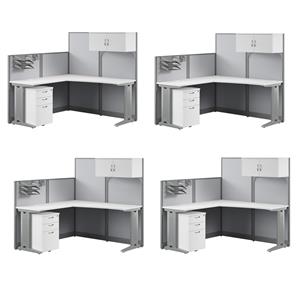 Pemberly Row Set of 4 Engineered Wood L Cubicle Desk with Storage in Pure White