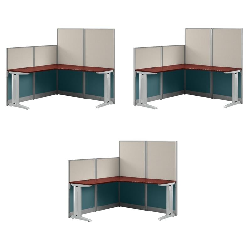 Pemberly Row Set of 3 Engineered Wood 65W L Shaped Cubicle Desk in Hansen Cherry