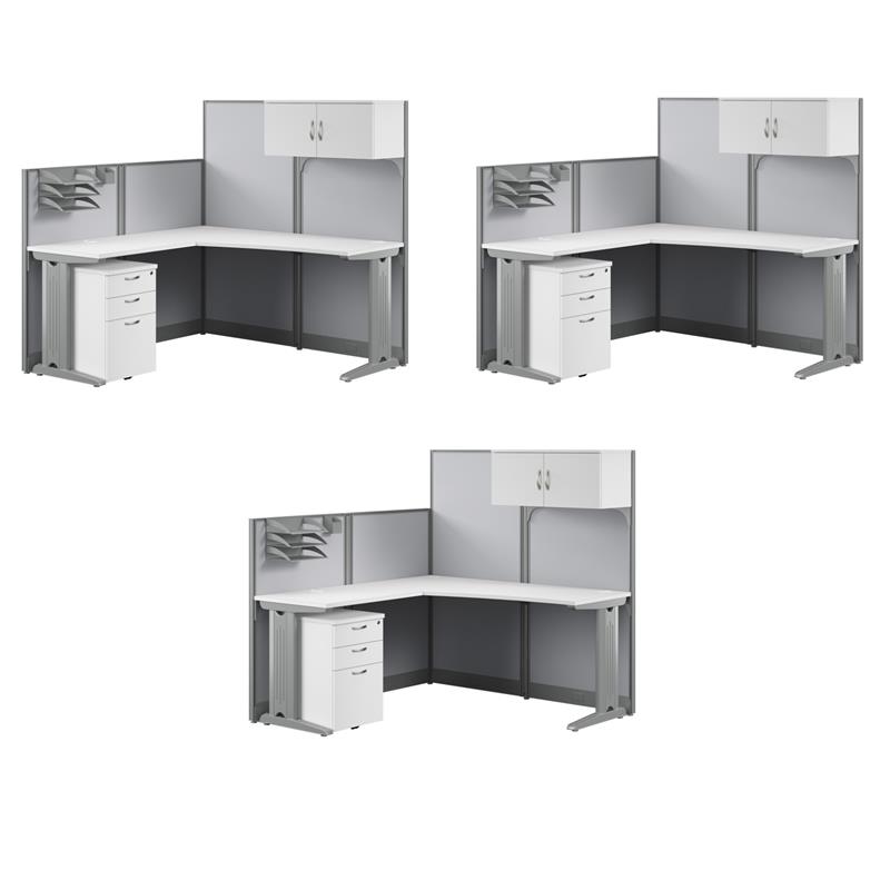 Pemberly Row Set of 3 Engineered Wood L Cubicle Desk with Storage in Pure White