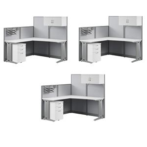 Pemberly Row Set of 3 Engineered Wood L Cubicle Desk with Storage in Pure White