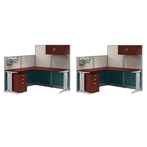 Pemberly Row Set of 2 Engineered Wood L Shaped Cubicle Desk Set in Hansen Cherry