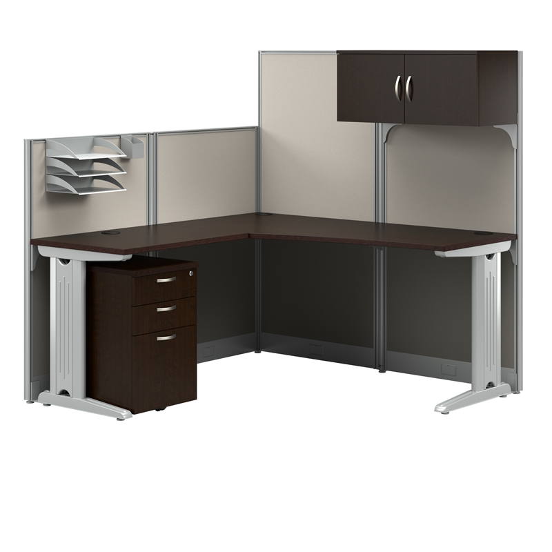 Pemberly Row Set of 2 Engineered Wood L Shaped Cubicle Desk Set in Mocha Cherry