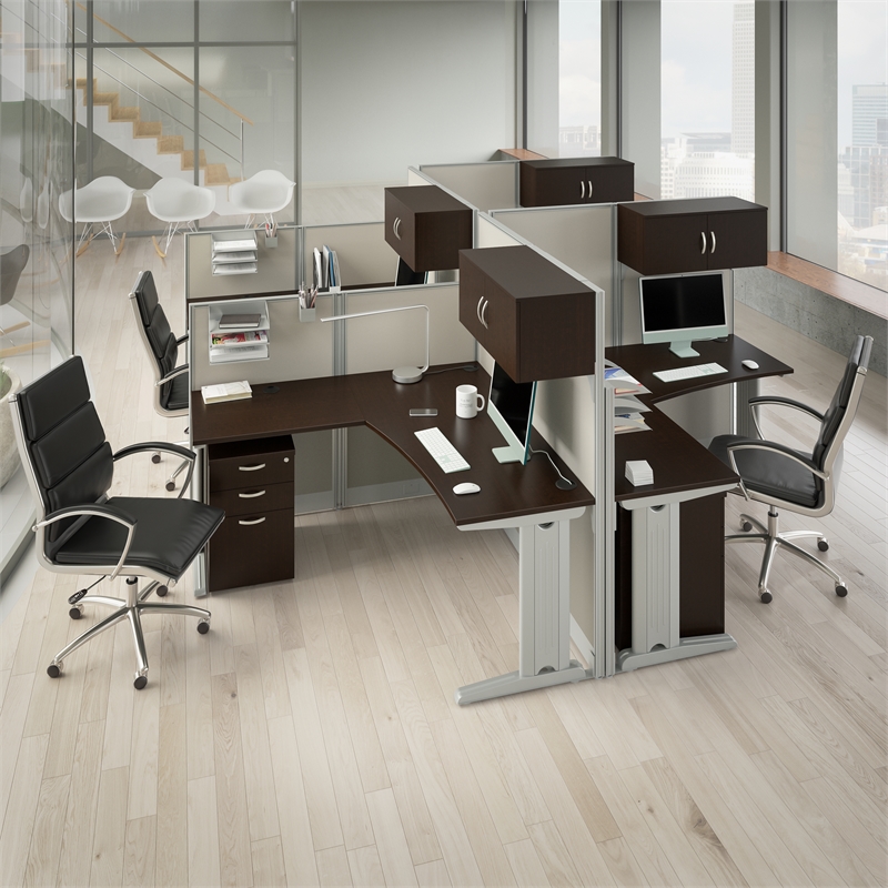 Pemberly Row Set of 2 Engineered Wood L Shaped Cubicle Desk Set in Mocha Cherry