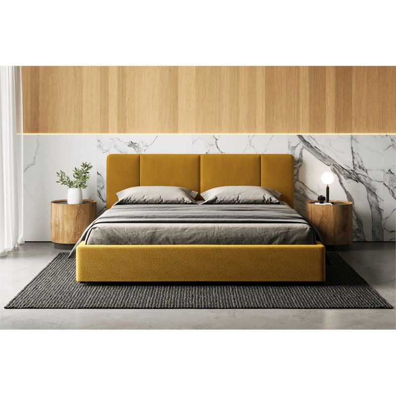 Pemberly Row Upholstered Platform King Bed in Mustard Boucle Fabric
