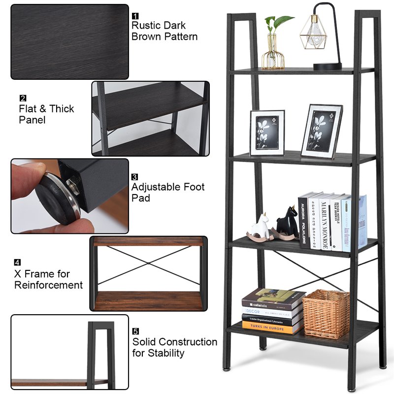 Pemberly Row 4-Tier Wood and Metal Ladder Bookcase in Brown and Silver