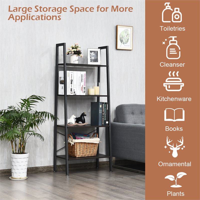 Pemberly Row 4-Tier Wood and Metal Ladder Bookcase in Brown and Silver