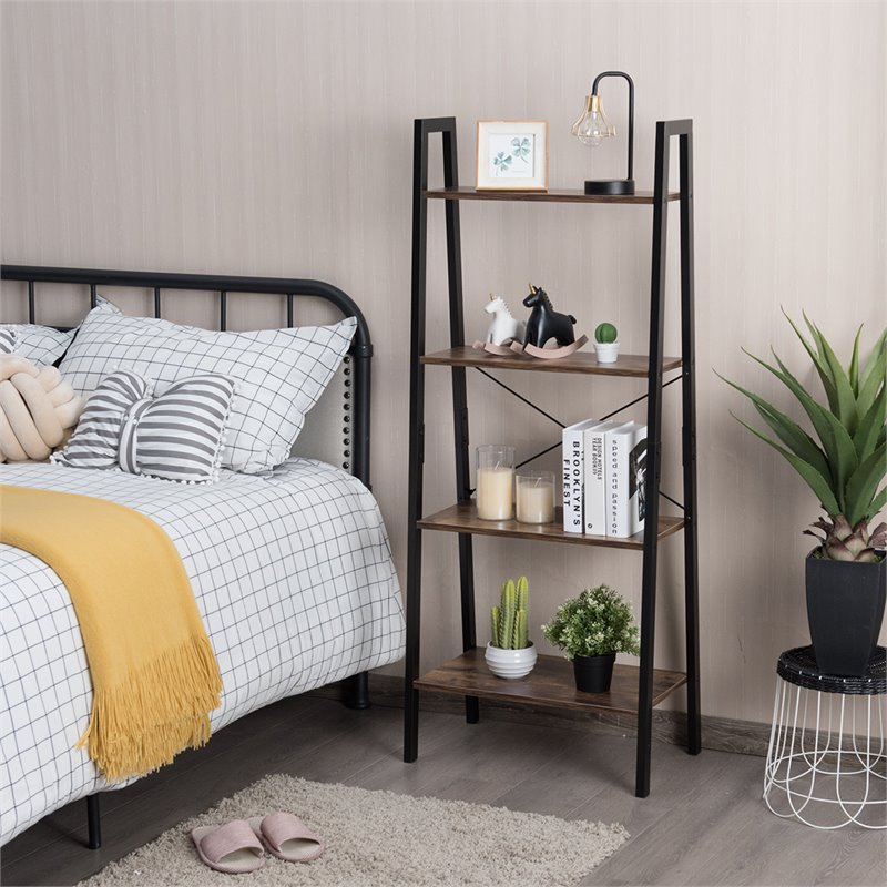 Pemberly Row 4-Tier Wood and Metal Ladder Bookcase in Natural and Black