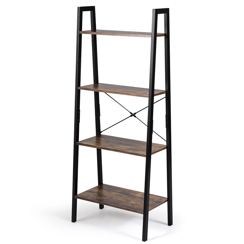 Pemberly Row 4-Tier Wood and Metal Ladder Bookcase in Natural and Black