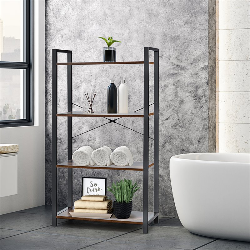 Pemberly Row 4-tier Particle Board and Iron Bookshelf in Rustic Brown
