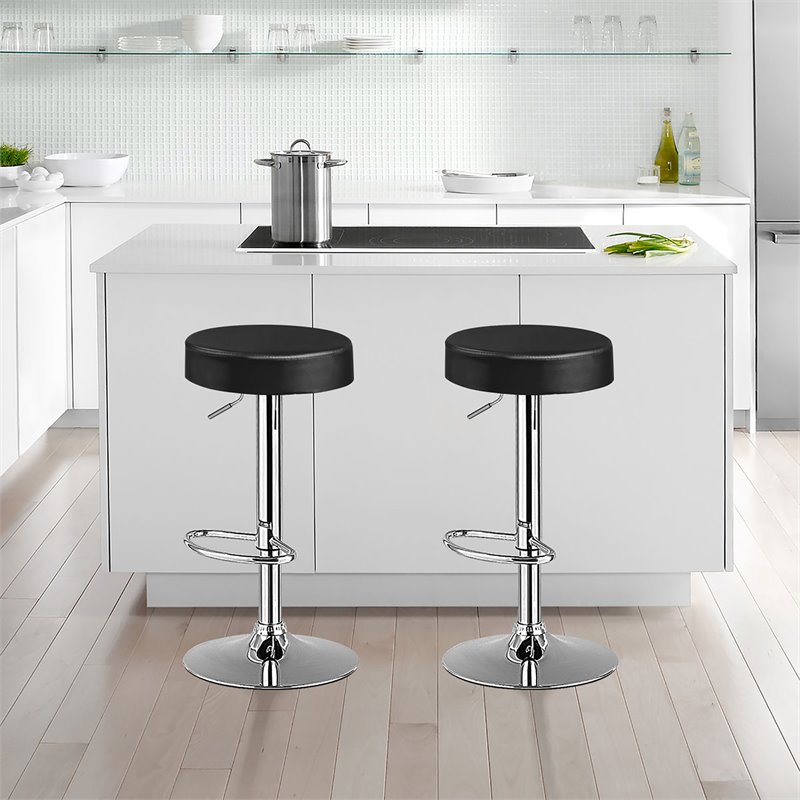 Pemberly Row Leather & Steel Adjustable Swivel Bar Stool with Footrest in Black