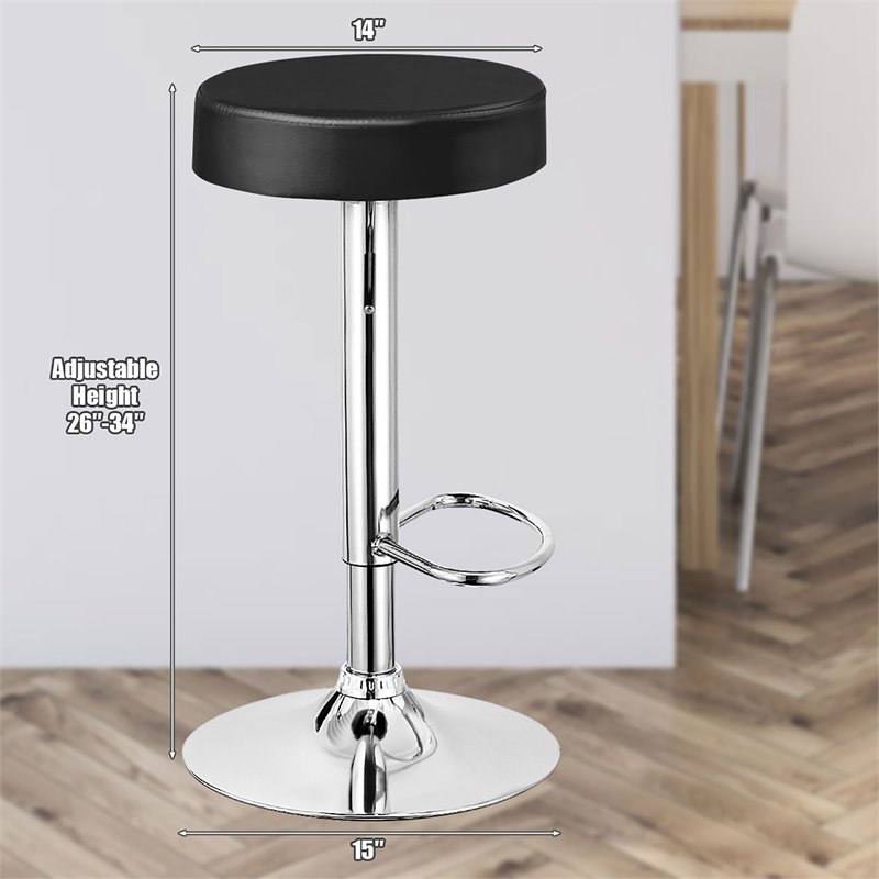 Pemberly Row Leather & Steel Adjustable Swivel Bar Stool with Footrest in Black