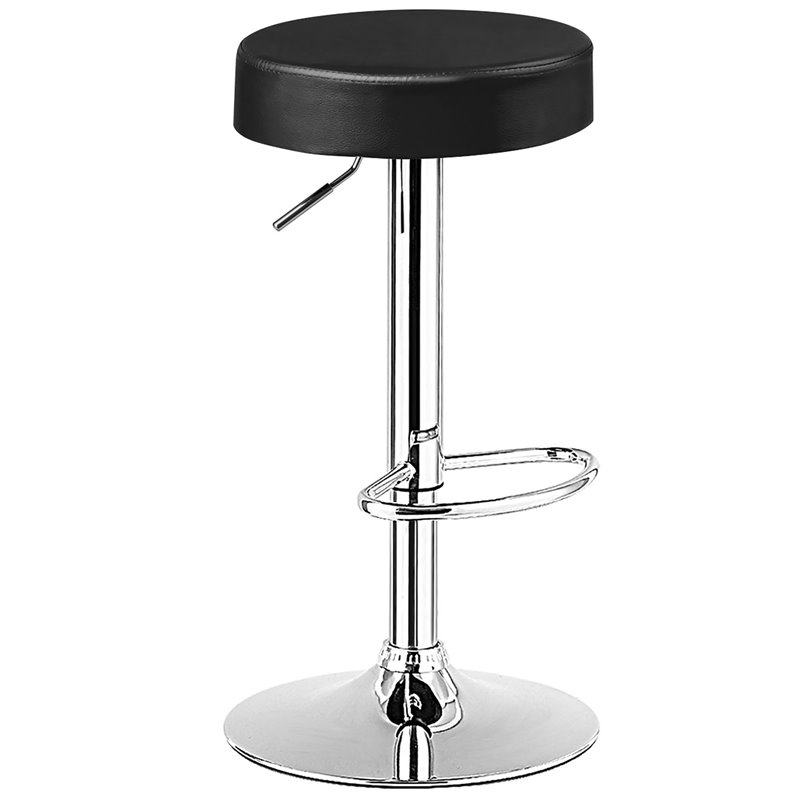 Pemberly Row Leather & Steel Adjustable Swivel Bar Stool with Footrest in Black