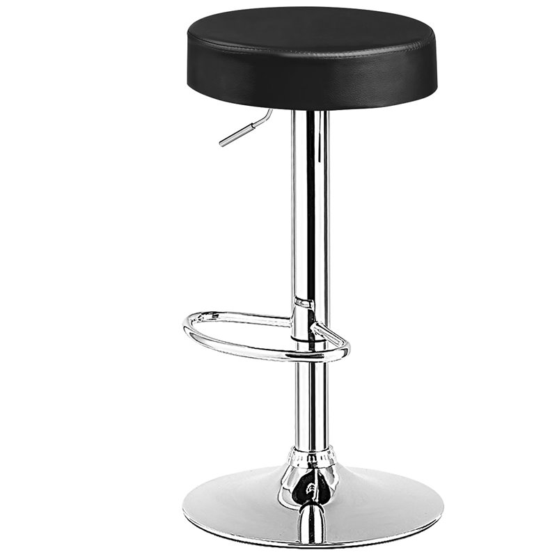 Pemberly Row Leather & Steel Adjustable Swivel Bar Stool with Footrest in Black
