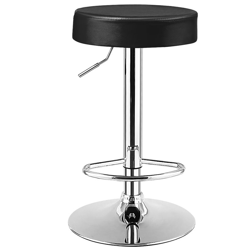 Pemberly Row Leather & Steel Adjustable Swivel Bar Stool with Footrest in Black