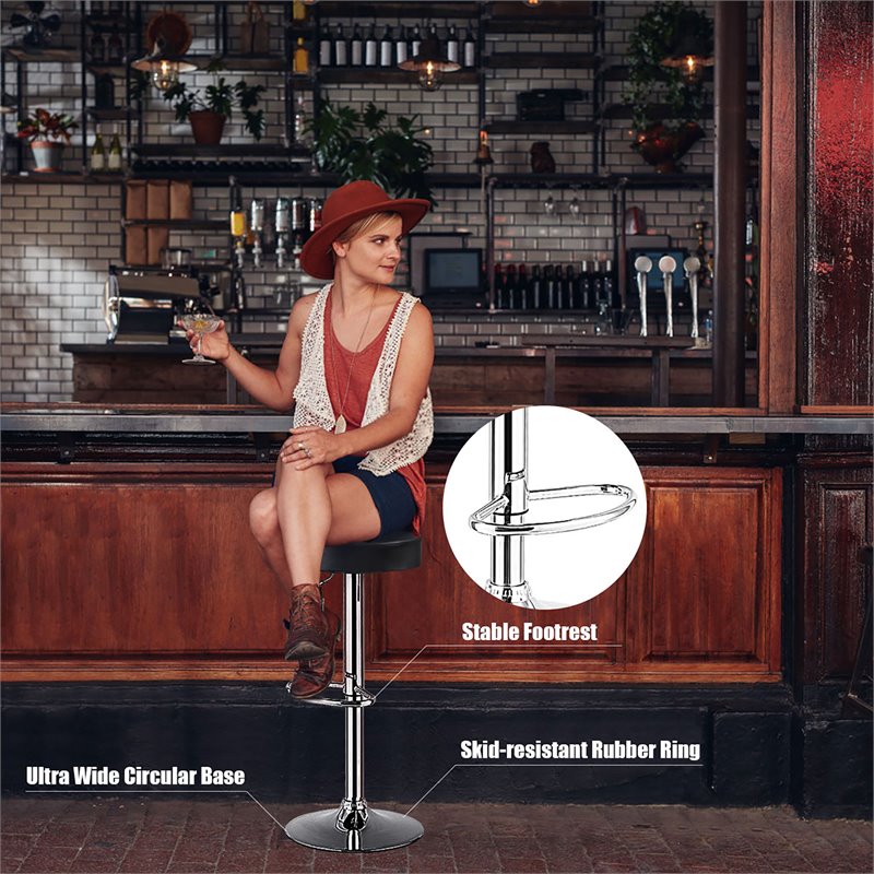 Pemberly Row Leather & Steel Adjustable Swivel Bar Stool with Footrest in Black