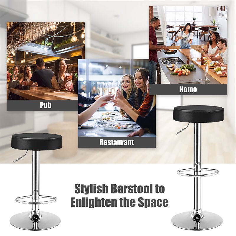 Pemberly Row Leather & Steel Adjustable Swivel Bar Stool with Footrest in Black