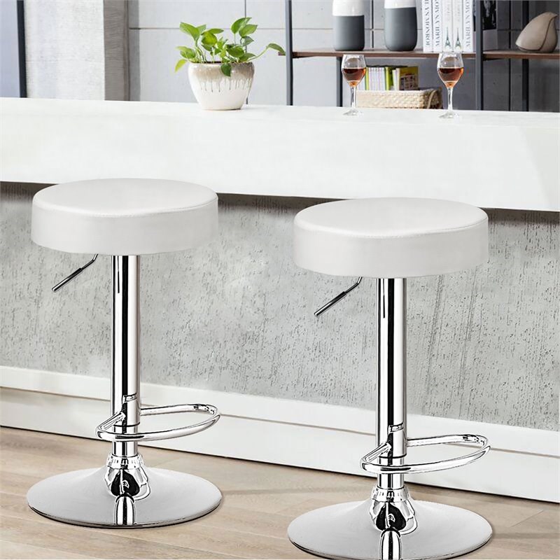 Pemberly Row Leather & Steel Adjustable Swivel Bar Stool with Footrest in White