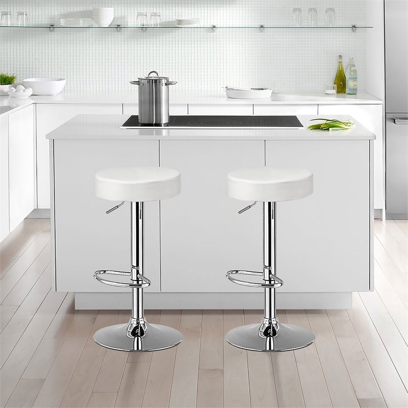 Pemberly Row Leather & Steel Adjustable Swivel Bar Stool with Footrest in White