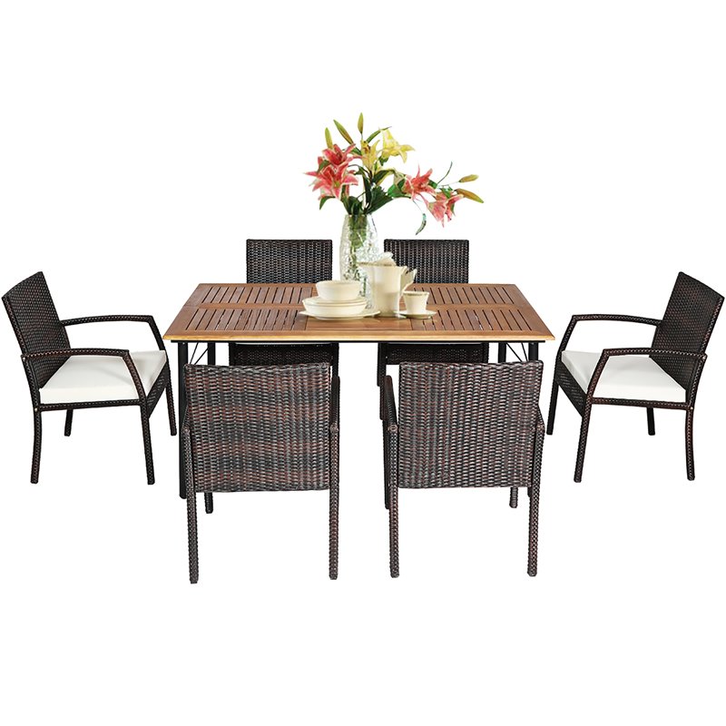 Pemberly Row 7-Pc Rattan and Steel Patio Dining Set with Umbrella Hole in Brown