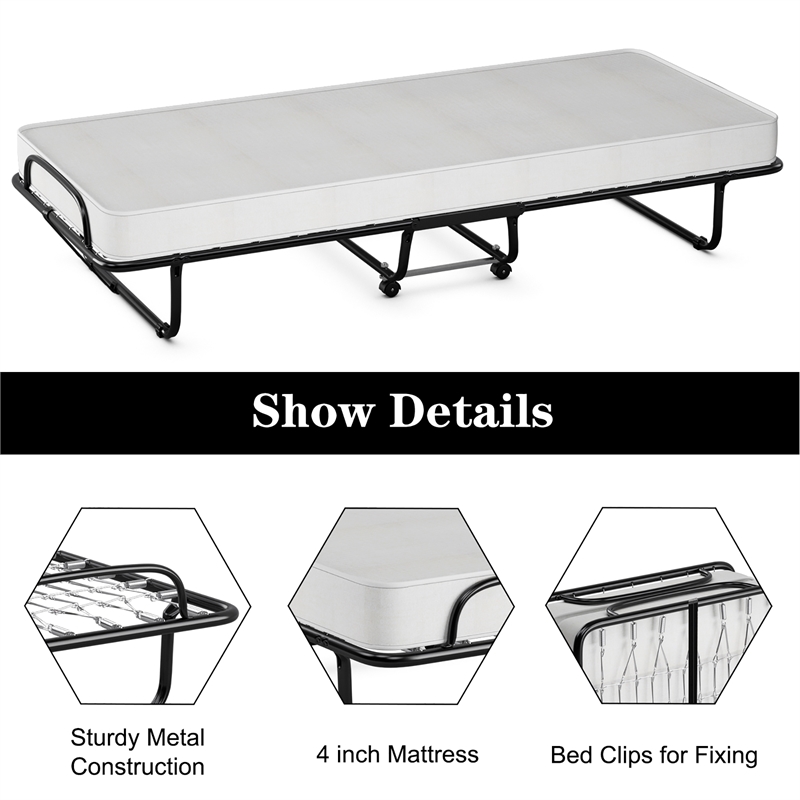 Pemberly Row Rollaway Folding Metal Bed Guest Bed Made in Italy White