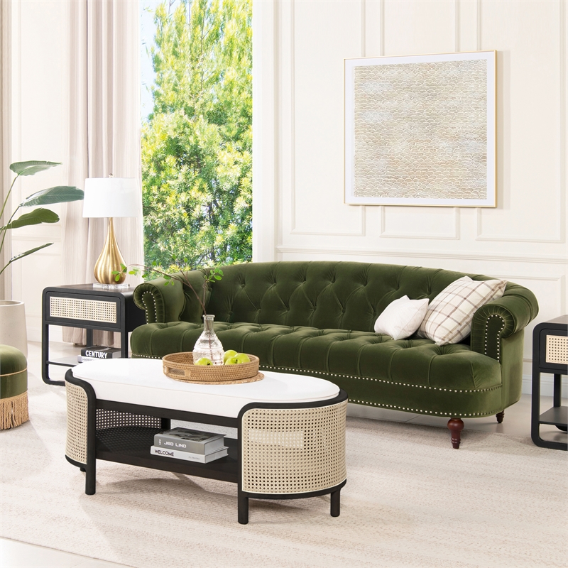 Pemberley Row Performance Velvet Olive Green Sofa Rectangular Button Tufted 84
