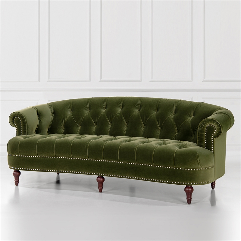 Pemberley Row Performance Velvet Olive Green Sofa Rectangular Button Tufted 84