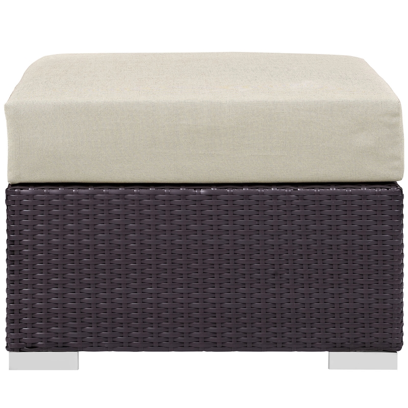 Pemberly Row Square Fabric and Rattan Patio Ottoman in Espresso/Beige