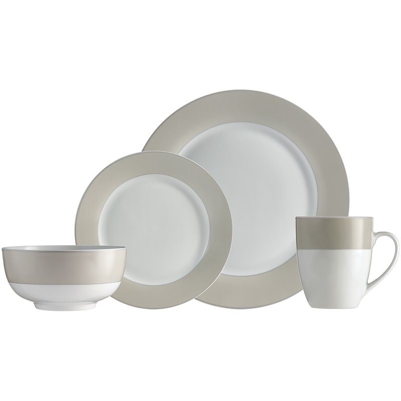 Pemberly Row Porcelain Dinner Set 16 Piece Round Rim Taupe Band