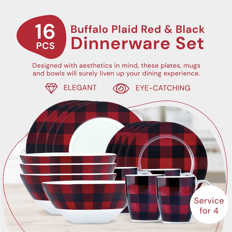 Pemberly Row Porcelain Dinner Set 16 Piece Buffalo Plaid Red/Black