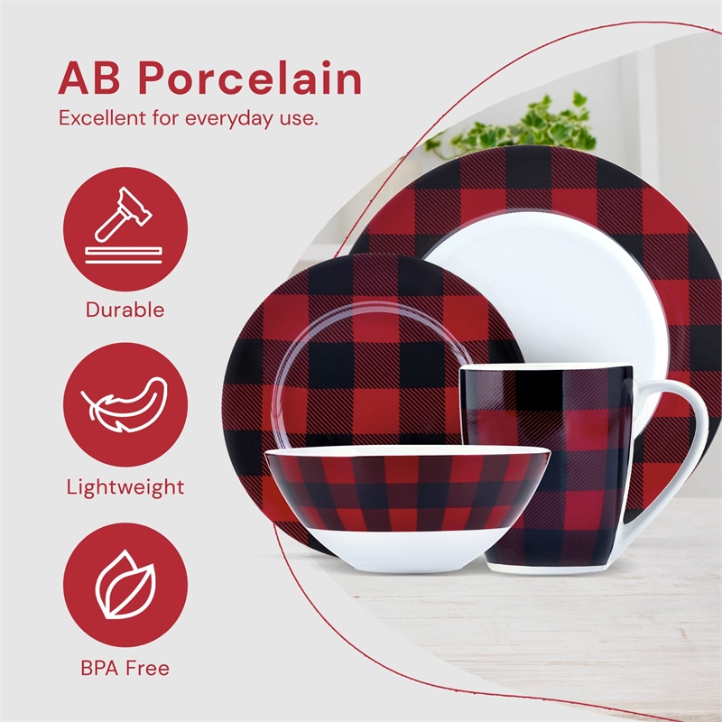 Pemberly Row Porcelain Dinner Set 16 Piece Buffalo Plaid Red/Black