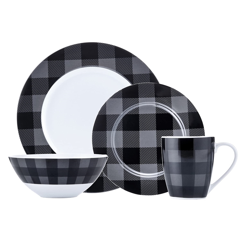 Pemberly Row Porcelain Dinner Set 16 Piece Buffalo Plaid Grey/Black