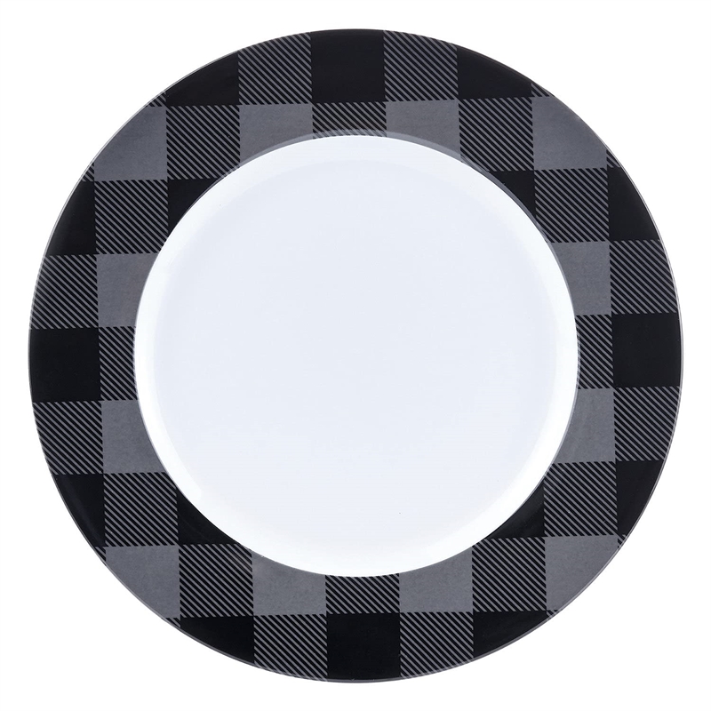 Pemberly Row Porcelain Dinner Set 16 Piece Buffalo Plaid Grey/Black