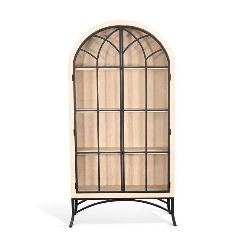 Pemberly Row Contemporary Glass Display Cabinet in Off White Solid Wood