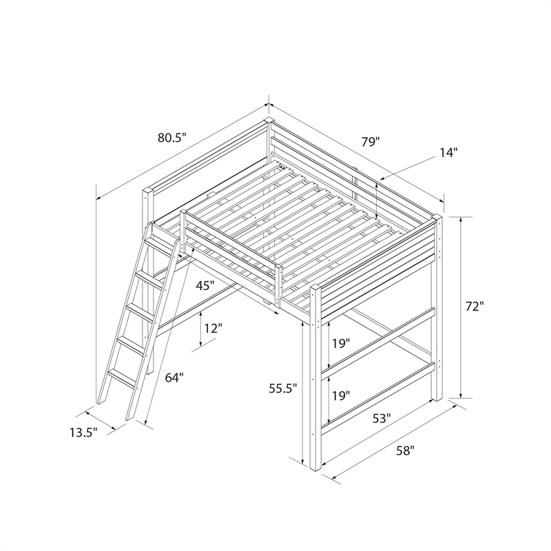 Pemberly Row Traditional Wood Full Size Loft Bed in Gray Finish
