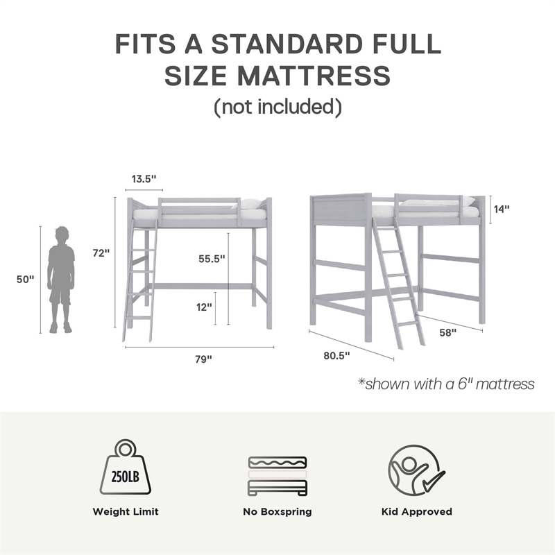 Pemberly Row Traditional Wood Full Size Loft Bed in Gray Finish