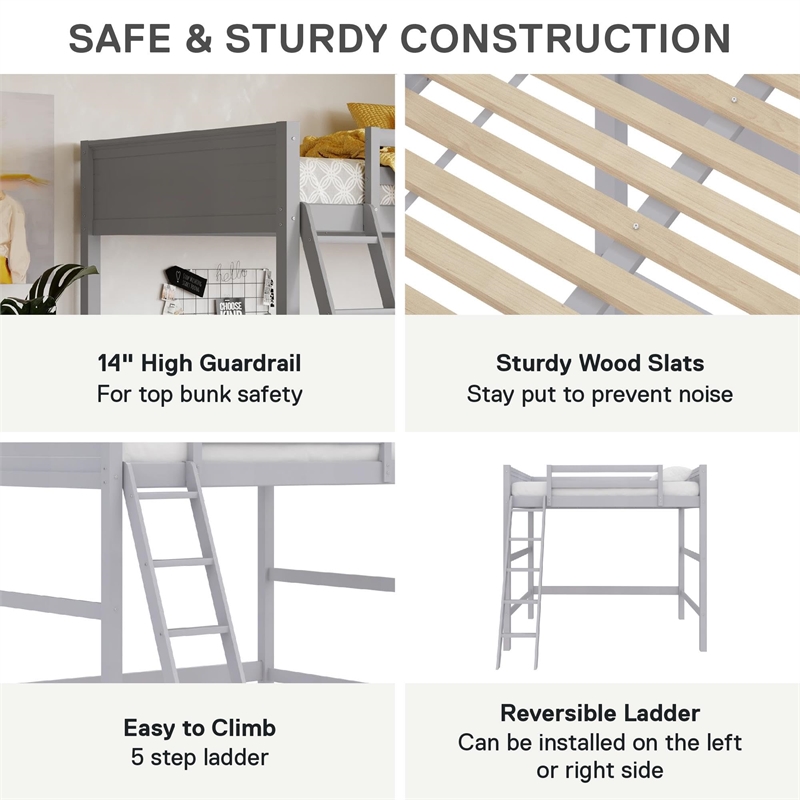 Pemberly Row Traditional Wood Full Size Loft Bed in Gray Finish