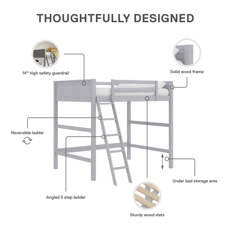 Pemberly Row Traditional Wood Full Size Loft Bed in Gray Finish