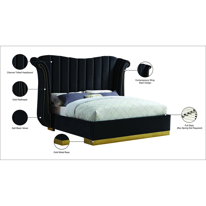 Pemberly Row Modern Solid Wood and Velvet Queen Bed in Black