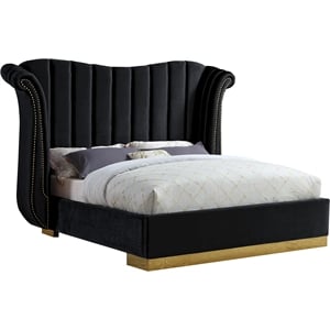 Pemberly Row Modern Solid Wood and Velvet Queen Bed in Black