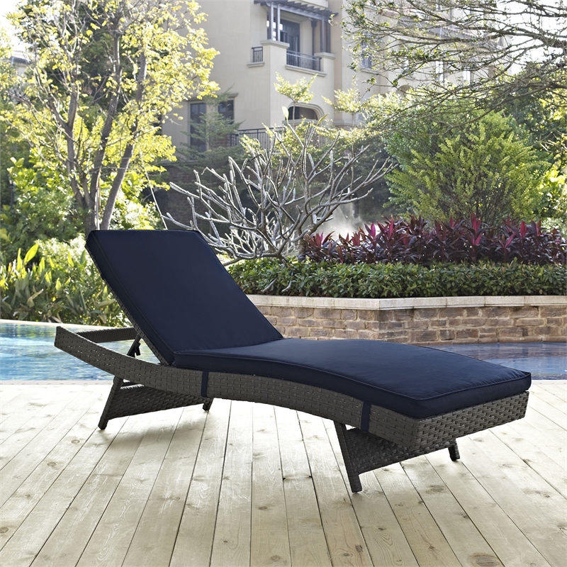 Pemberly Row Aluminum Rattan Fabric Patio Chaise in Canvas/Navy
