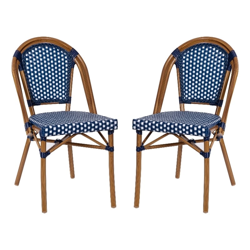 Pemberly Row Modern Paris Rattan Chairs in Navy/White (Set of 2)