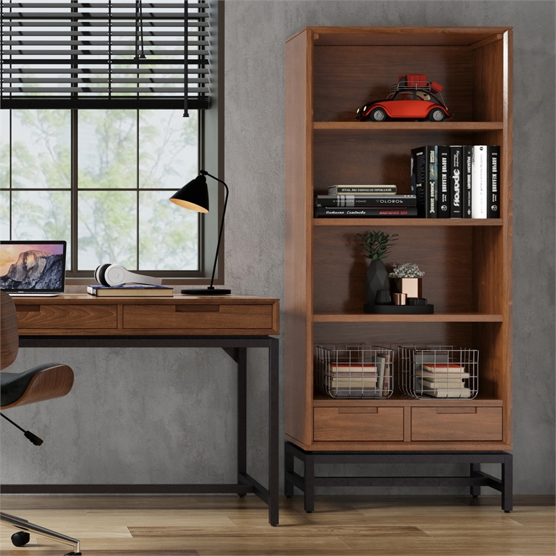 Pemberly Row 66 inch x 30 inch Industrial Bookcase in WALNUT Wood
