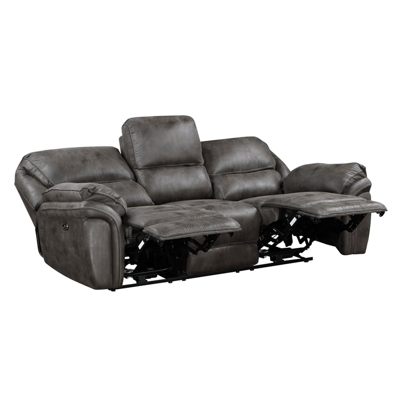Pemberly Row Modern Microfiber Power Double Reclining Sofa in Gray