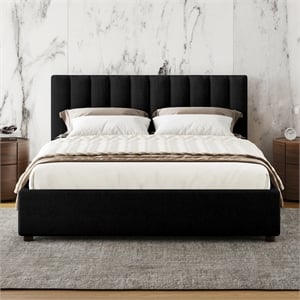 Pemberly Row Upholstered Platform Queen Bed in Black Boucle Fabric