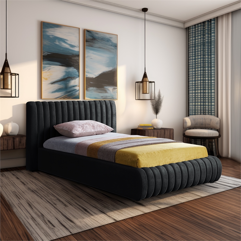 Pemberly Row Contemporary Deep Channel Tufted Rich Black Velvet Twin Bed