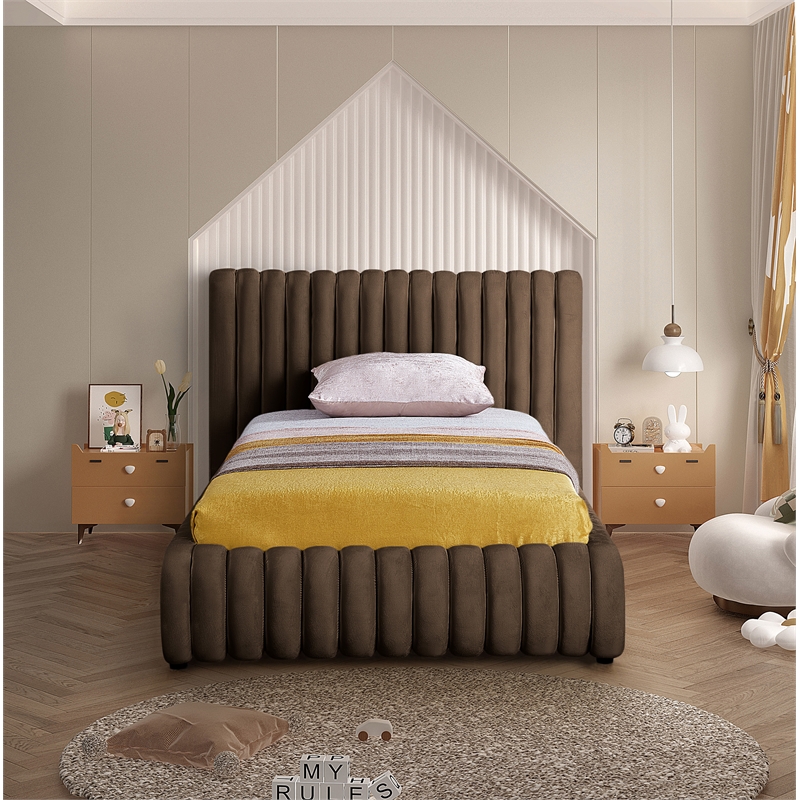 Pemberly Row Contemporary Deep Channel Tufted Rich Brown Velvet Twin Bed
