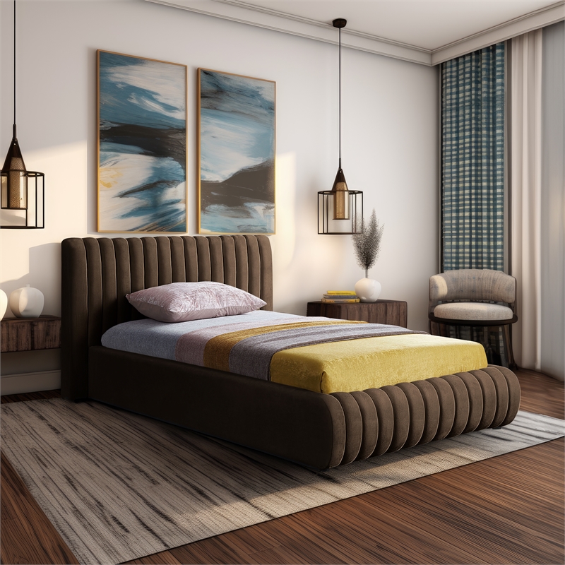 Pemberly Row Contemporary Deep Channel Tufted Rich Brown Velvet Twin Bed