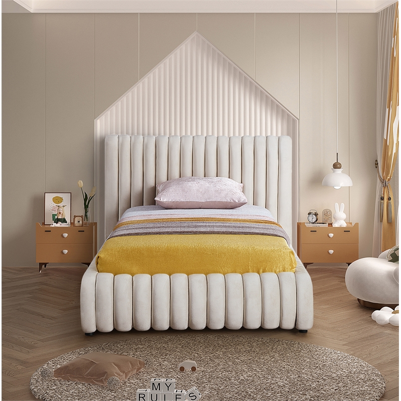 Pemberly Row Contemporary Deep Channel Tufted Rich Cream Velvet Twin Bed